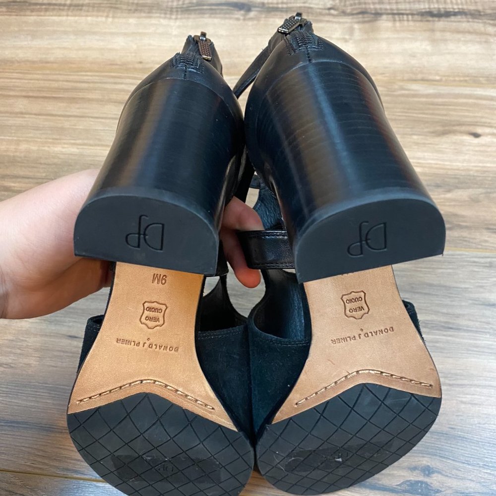 Donald Pliner Black Leather‎ Suede Strappy Open Toe Block Heel Sandals W9 Shoes - Picture 6 of 10